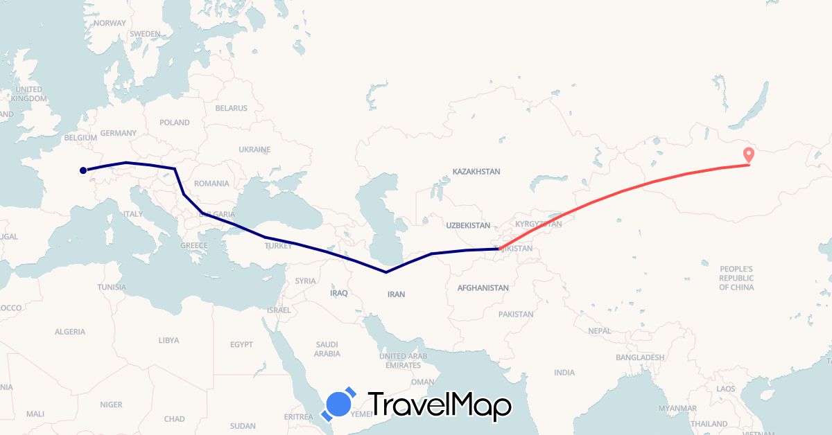 TravelMap itinerary: driving, hiking in Bulgaria, Germany, France, Hungary, Iran, Mongolia, Serbia, Tajikistan, Turkmenistan, Turkey (Asia, Europe)